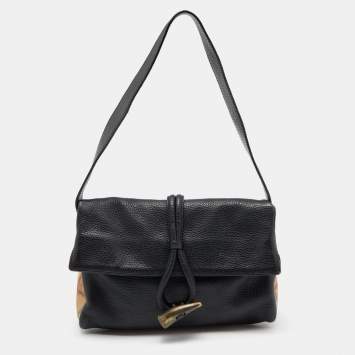 Pre Owned Burberry Black/Beige Leather and Haymarket Horn Toggle Bag