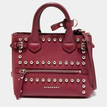 Pre Owned Burberry Burgundy/Beige Leather and House Check Fabric Mini Banner Tote