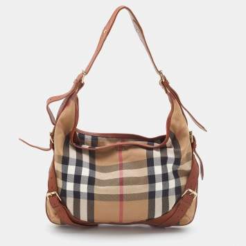 Pre Owned Burberry Beige/Brown House Check Canvas and Leather Hobo