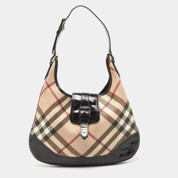 Pre Owned Burberry Black/Beige Nova Check PVC And Patent Leather Brooke Hobo