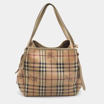Pre Owned Burberry Beige Haymarket Check Coated Canvas and Leather Small Canterbury Tote