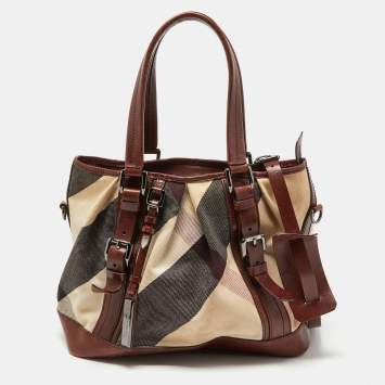 Pre Owned Burberry Beige/Brown Mega Check Canvas and Leather Lowry Tote