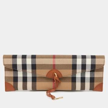 Pre Owned Burberry Beige House Check Canvas and Leather Clutch