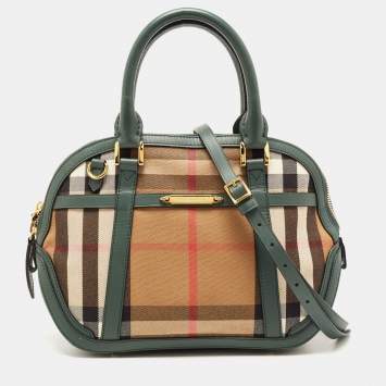 Pre Owned Burberry Green/Beige House Check Fabric and Leather Orchard Bowler Bag