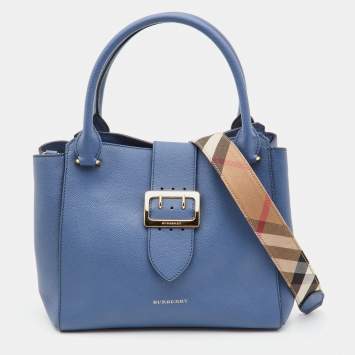 Pre Owned Burberry Blue Leather Medium Buckle Tote