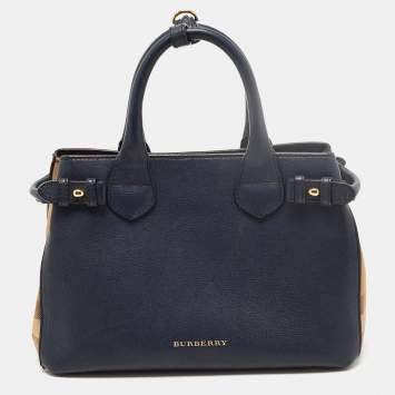 Pre Owned Burberry Navy Blue/Beige Leather and House Check Fabric Small Banner Tote