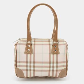 Pre Owned Burberry Pink/Beige House Check PVC and Leather Small Boston Bag
