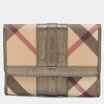 Pre Owned Burberry Metallic/Beige Nova Check PVC and Patent Leather French Wallet