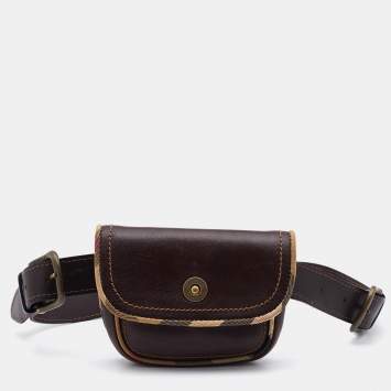 Pre Owned Burberry Brown Leather and Canvas Vintage Belt Bag