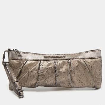 Pre Owned Burberry Metallic Perforated Floral Leather Wristlet Pouch