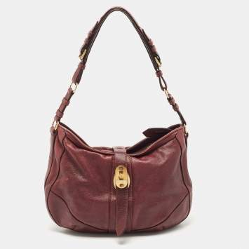 Pre Owned Burberry Burgundy Textured Leather Bartow Hobo