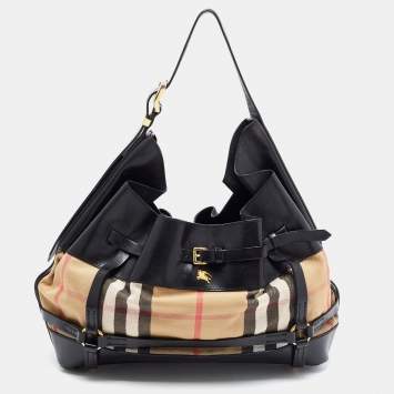 Pre Owned Burberry Black/Beige House Check Canvas and Leather Bridle Hobo