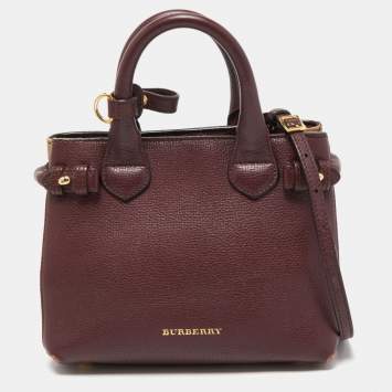 Pre Owned Burberry Burgundy/Beige Leather and House Check Fabric Mini Banner Tote