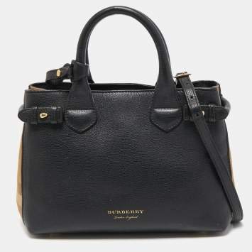 Pre Owned Burberry Black Leather and House Check Fabric Small Banner Tote