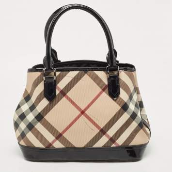 Pre Owned Burberry Black/Beige Nova Check PVC and Patent Leather Eden Tote