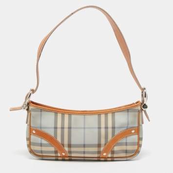 Pre Owned Burberry Tan/ Light Blue House Check PVC and Leather Baguette Bag