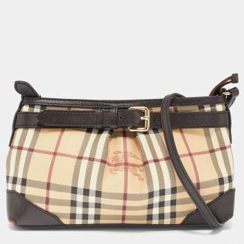 Pre Owned Burberry Beige/Brown Haymarket Check Coated Canvas and Leather Crossbody Bag