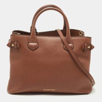 Pre Owned Burberry Beige/Brown Leather and House Check Fabric Medium Banner Tote