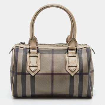 Pre Owned Burberry Beige Smoked Check PVC and Leather Chester Boston Bag