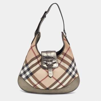 Pre Owned Burberry Metallic/Beige Nova Check PVC and Leather Brooke Hobo