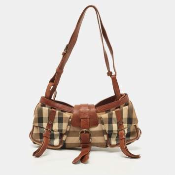 Pre Owned Burberry Prorsum Beige/Brown House Check Canvas and Leather Cinda Shoulder bag