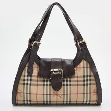 Pre Owned Burberry Beige/Brown Haymarket Check Coated Canvas and Leather Tassel Shoulder Bag