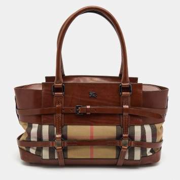 Pre Owned Burberry Brown/Beige House Check Fabric and Leather Bridle Satchel