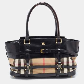 Pre Owned  Burberry Black/Beige House Check Canvas and Leather Bridle Tote