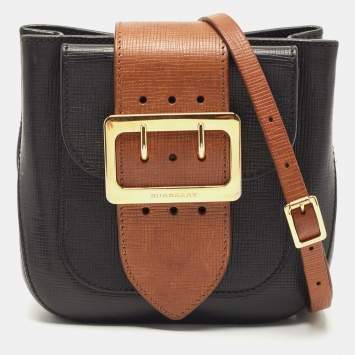 Pre Owned Burberry Black/Brown Leather Buckle Flap Crossbody Bag