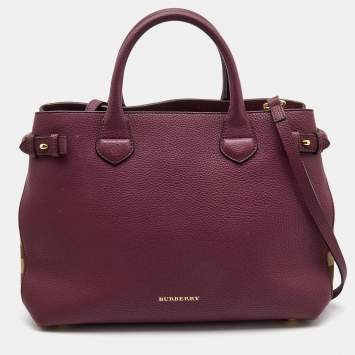 Pre Owned Burberry Burgundy Leather and House Check Canvas Medium Banner Tote