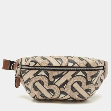Pre Owned Burberry Beige TB Monogram Print Coated Canvas and Leather Sonny Bum Bag