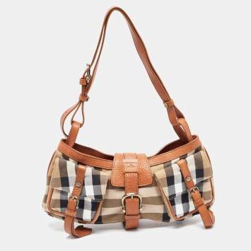 Pre Owned Burberry Brown/Beige House Check Canvas and Leather Cinda Shoulder bag