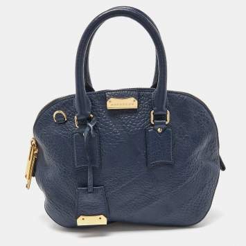 Pre Owned Burberry Blue Heritage Check Embossed Leather Small Orchard Bowler Bag