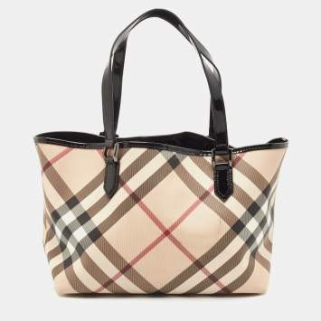 Pre Owned Burberry Black/Beige Super Nova Check PVC and Patent Leather Regent Tote