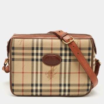 Pre Owned Burberry Beige/Tan Haymarket Check Coated Canvas and Leather Flap Crossbody Bag