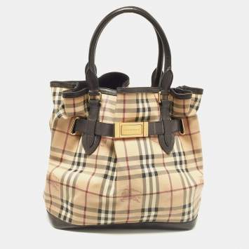 Pre Owned Burberry Beige/Brown Haymarket PVC and Leather Medium Golderton Tote