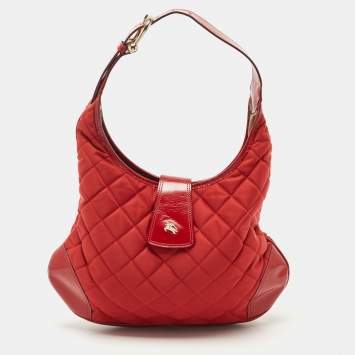Pre Owned Burberry Red Quilted Nylon and Patent Leather Brooke Hobo