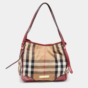 Pre Owned Burberry Dark Red/Beige House Check Canvas and Leather Small Canterbury Tote