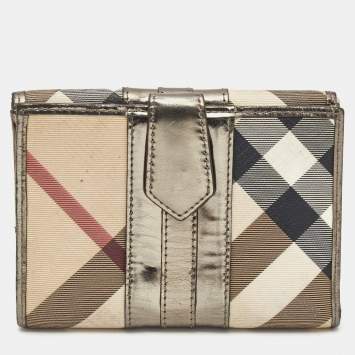 Pre Owned Burberry Metallic/Beige Housecheck PVC and Patent Leather French Wallet