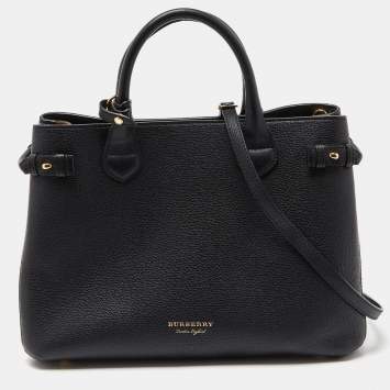 Pre Owned Burberry Black/Beige Leather and House Check Fabric Medium Banner Tote