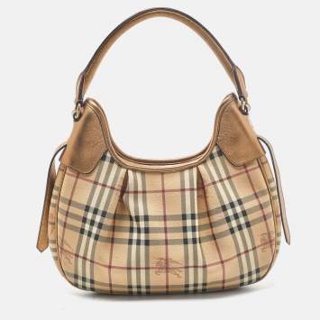 Pre Owned Burberry Beige/Gold Haymarket Check PVC and Leather Brooklyn Hobo