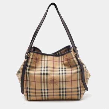 Pre Owned Burberry Beige/Brown Haymarket Check PVC and Leather Small Canterbury Tote