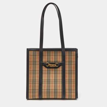 Pre Owned Burberry Beige/Black Haymarket Check Canvas and Leather Trim 1983 Link Tote