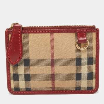 Pre Owned Burberry Red/Beige House Check Coated Canvas and Leather Zip Card Holder 