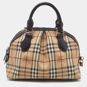Pre Owned Burberry Beige/Brown Haymarket Check PVC and Leather Thornley Satchel