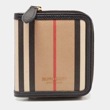 Pre Owned Burberry Black/Beige House Check PVC and Leather Allington Compact Wallet 
