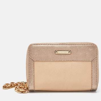 Pre Owned Burberry Beige/Gold Leather Double Zip Chain Wallet