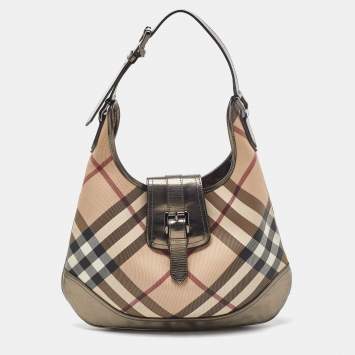 Pre Owned Burberry Metallic/Beige Nova Check PVC and Leather Brooke Hobo
