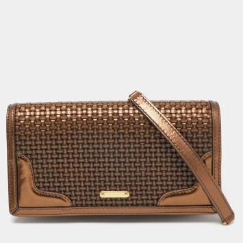 Pre Owned Burberry Bronze Woven Leather and Suede Flap Shoulder Bag