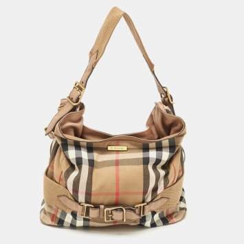 Pre Owned Burberry Beige House Check Canvas and Leather Brecon Hobo